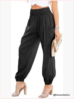 Boho Cargo Long Pants with Pockets Smocked High Waisted Wide Leg